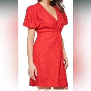 GUESS Textured Fabric Floral Knot Dress‎ Women’s 2 NWT puff sleeves V-neck